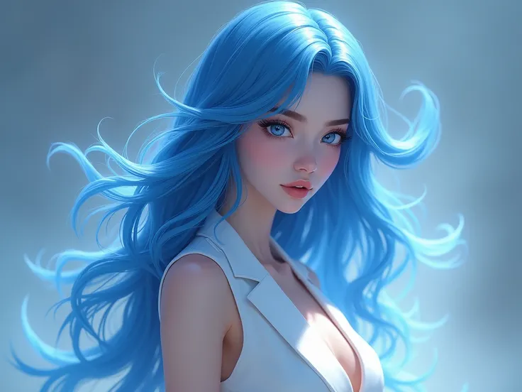 woman, long blue hair, blue eye, sleeveless white suit, white pele