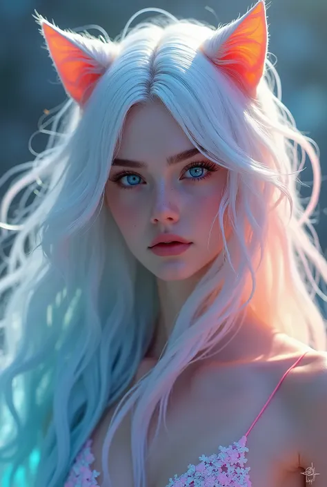 1woman, Long Hair, White Hair, Multicolored Hair, Gradient Hair, Floating Hair, Multiple Braids, piercing Blue eyes, Horizontal Pupils, cat ears, 8K Octane, Digital Art, Hyperrealism, Photorealistic, Soft Lighting, Unreal Engine, Depth Of Field, 