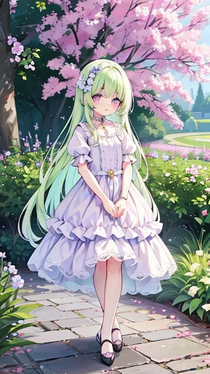 Beautiful eyes, beautiful lips, purple eyes, straight long green hair, calm, gentle, serene, noble, goddess, lolita dress, iris flower, beautiful detail lace and frill, full body, walking in the garden