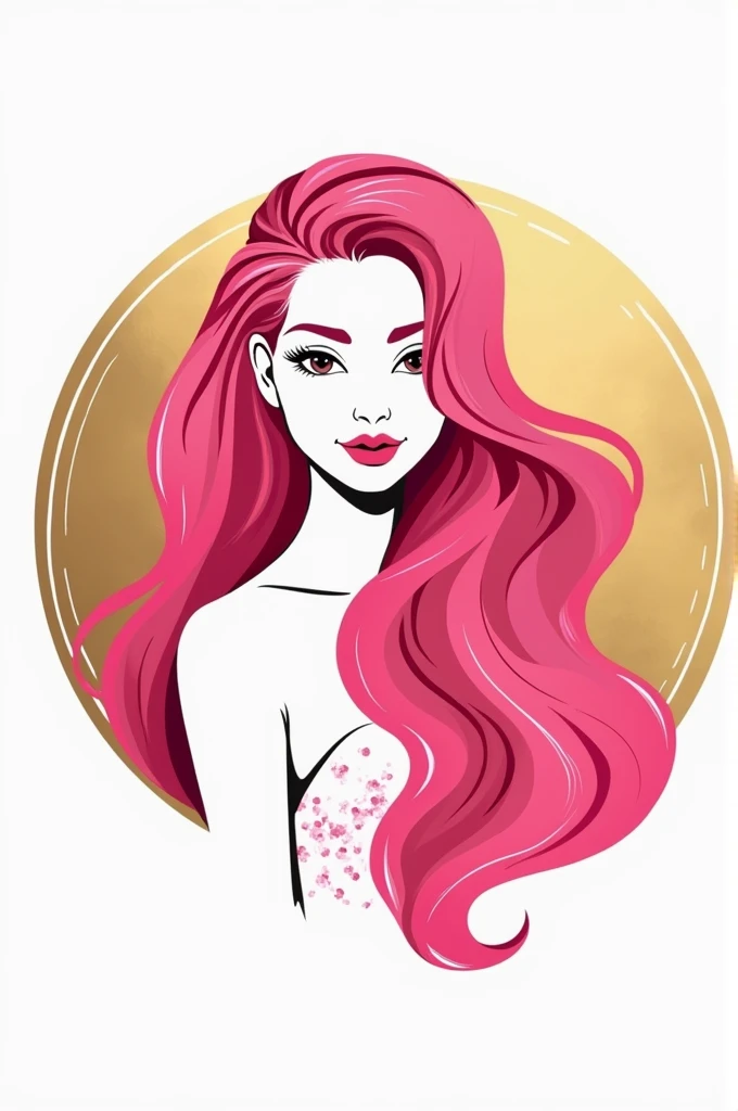 " Create a for a self-care store consisting of in an elegant golden circle,  containing the illustration of a woman with long and voluminous hair , in vibrant pink color .  The design must evoke beauty ,  self-confidence and sophistication ,  with soft and...