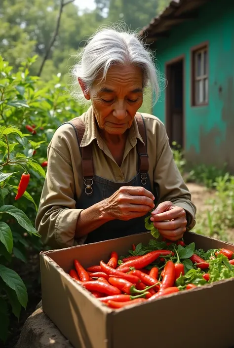 Create an old woman picking chillies from a ladys finger and placing several pepper plants wrapped in a grocery box  