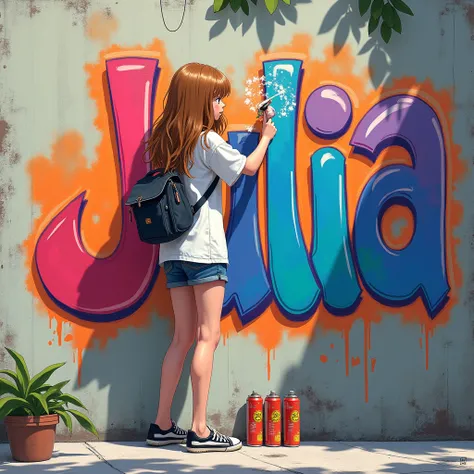 Julia, an anime artist girl with long light brown hair, street artist drawing her name on a wall.