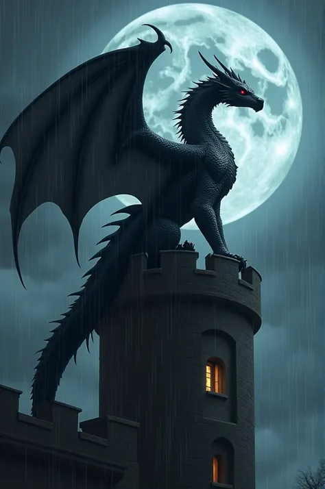 A black dragon on top of a castle tower and in the background a rain with night rays