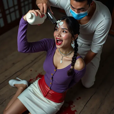 Beautiful asian woman with braided pigtails, huge breasts, ponytail, cleavage showing, purple button down sweater, choker around neck, hoop earrings, white & red pencil tight leather mini skirt, white high heels. Woman is kneeling on ground with her hands ...