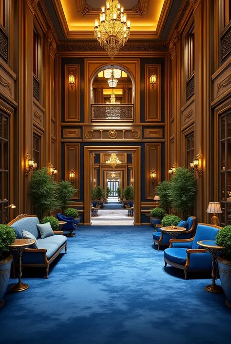 hotel inside and out with blue and gold colors