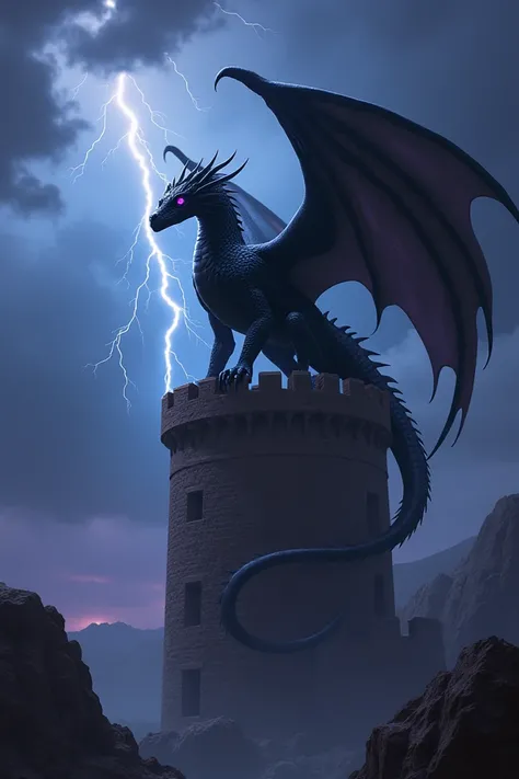 A black dragon with purple eyes on top of a castle tower and in the background a storm with lots of night rays