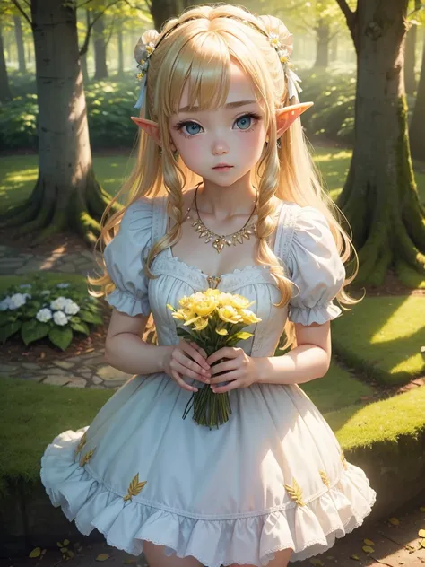  shot showing from head to knee 、,cute little fairy、  hime cut, Blushing, whole body、 Lolita fashion、 Lolita Dress、Pointed Ears、A yellow dress with plenty of fluffy lace、 voluminous skirt 、 skirt with plenty of lace、Puff sleeve dress！Golden hair/ Hoop Earr...