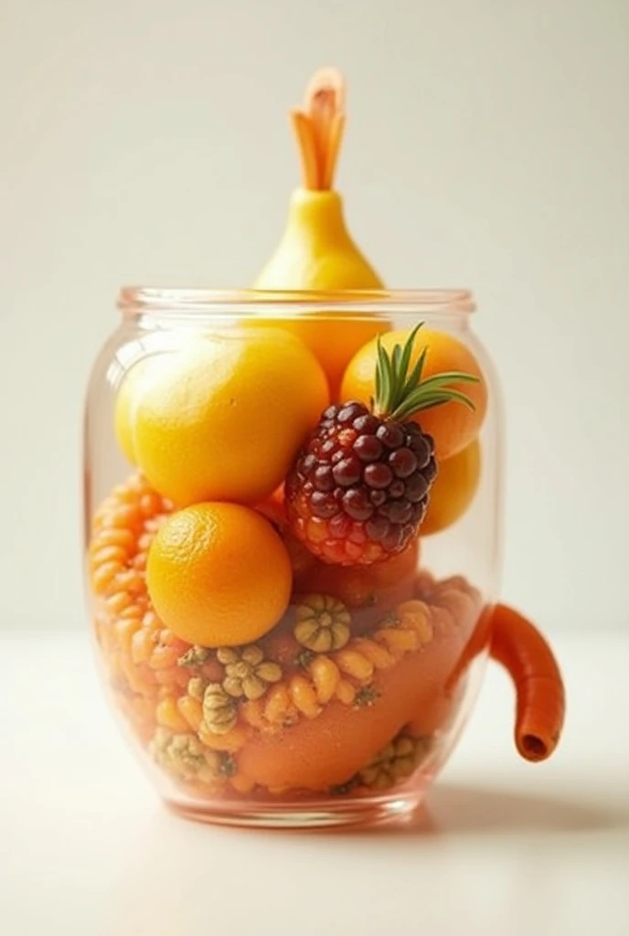 An image of reused containers, such as a transparent spleen and that inside you can see fruit as well as the aguaymanto, maca y Cañihua 