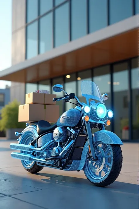 Create a parcel centre with a blurred background, it must have a façade with a lot of transparent glass.
In front, a very nice and detailed classic cg-type motorcycle stands out. The motorcycle must be holographic, the boxes it is carrying are not holograp...