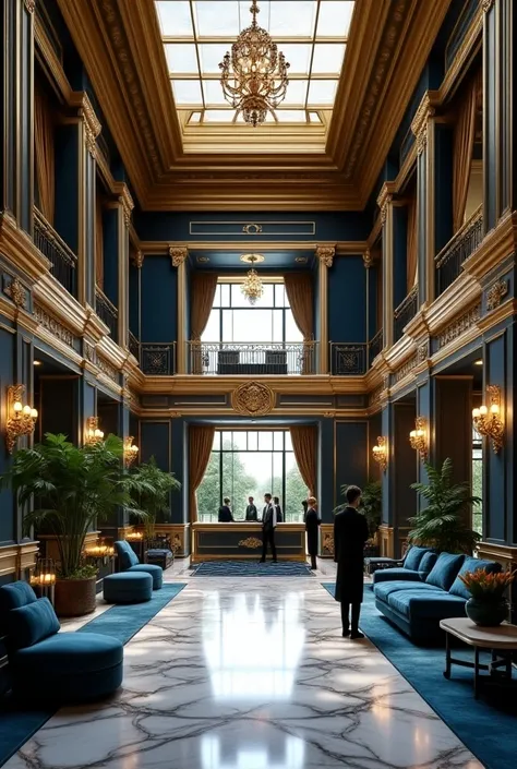 hotel reception with blue and gold colors