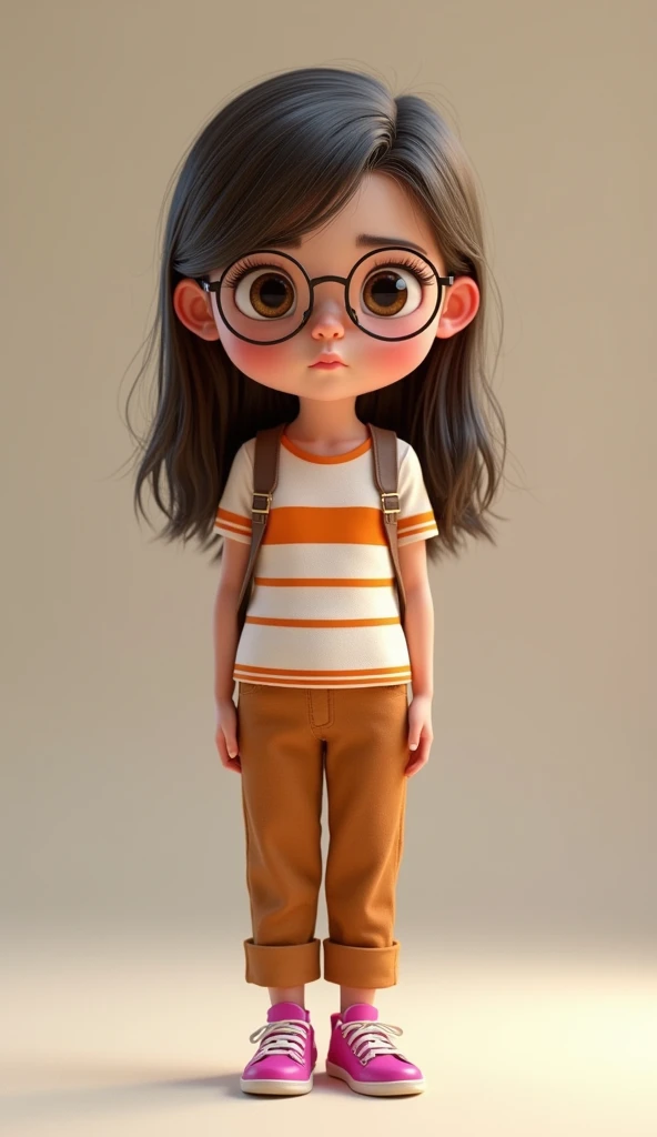 a  girl with glasses and long dark brown hair, has brown eyes, Wear a white shirt with orange stripes and brown pants and magenta Disney Pixar shoes