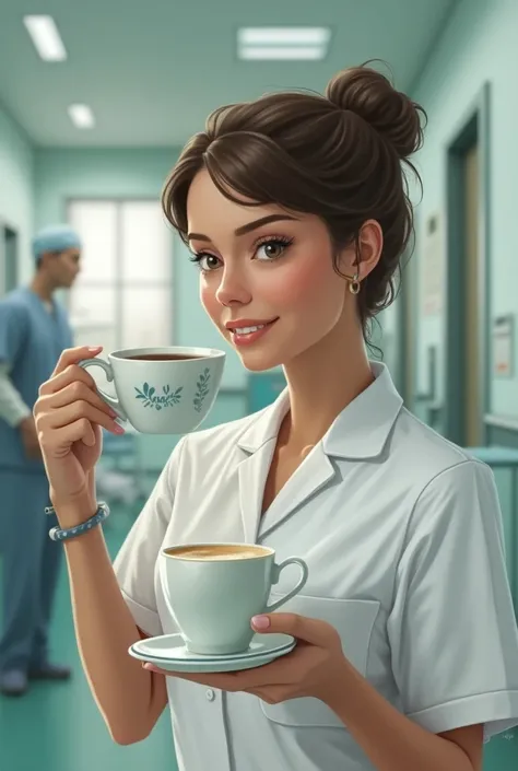 NURSE DRINKING COFFEE IN THE HOSPITAL WITH THE TEXT LUCERO PUCHERO