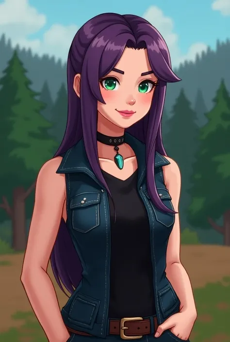  Realistic High-Resolution Photo of the character Abigail from Stardew Valley with scenery in the back being a forest.
 Shes a pretty young woman with long purple straight hair ,  green-eyed,almost pale white skin, She wears pink lipstick on her mouth ,  w...