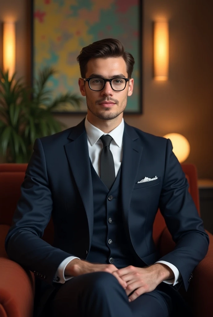 
"Young animated man, around 25 years old, sitting on a chair, wearing a 3-piece suit, clean-shaven, with glasses and short dark brown hair. He has a confident expression and is positioned in front of a beautiful, vibrant background, with soft lighting enh...