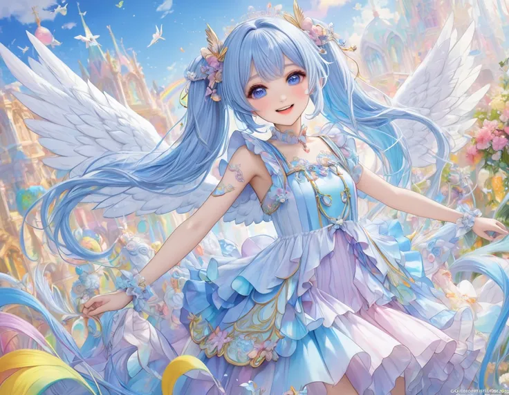 I was able to see the colorful angels big wings 、 cute girl、Adorable smile、pale blue long hair、 twin tails、Colorful angel costume((top-quality))、((​masterpiece))、( several people having fun with each other while having very detailed 、  in the most detail、 ...