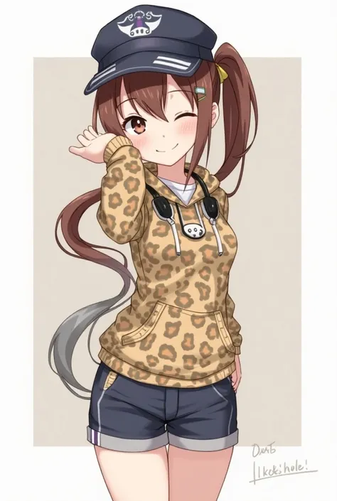 Long Hair,  Hi-Res,   brown hair, Chest, smile, Food, Headset to hang around the neck , diagonal bangs,   side ponytail, Anime Style, Extra Large,leopard print hoodie , shorts,Illustration,  3d rendering , sleepy, , accessories with gray hair,  wearing a u...