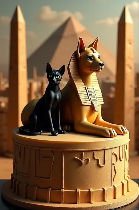 Egypt-themed cake ,  pyramid sphinx black cat and obelisks