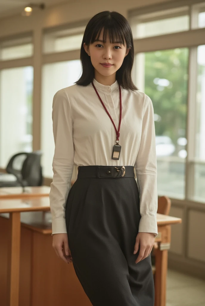 Full-body photo of a stunning japanese girl, backlit by soft warm light. Her age is 16yo. She stands in a office, white formal shirt, tight shirt, break,, sexy posing. She is wearing black formal suit, black suit miniskirt, break,, Her beautiful face, with...