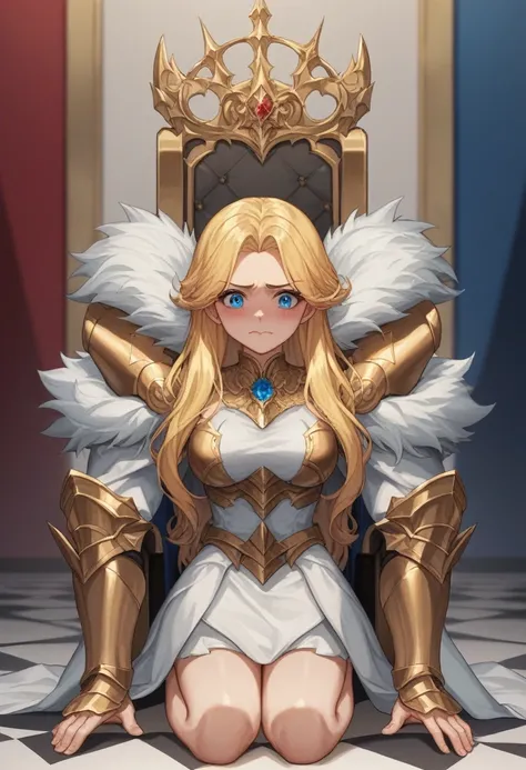 score_9, score_8_up, score_7_up, source_anime, best quality, clear face, young queen small girl, yellow hair, bright blue eyes, long hair, large breasts, perfect body, next to on the big throne,cute serius face, black golden armor, indoor,l,smilken,e,embar...