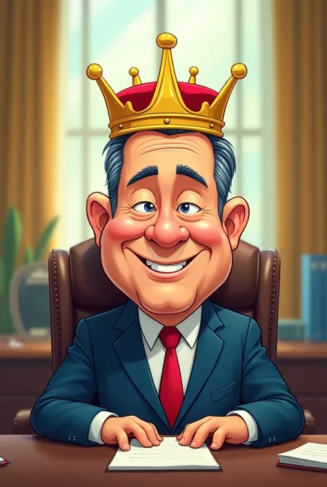 cartoon of president (Daniel Noboa)  with a crown on his head on his desk 