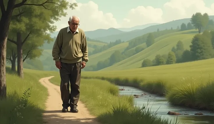 elderly person walking and contemplating 