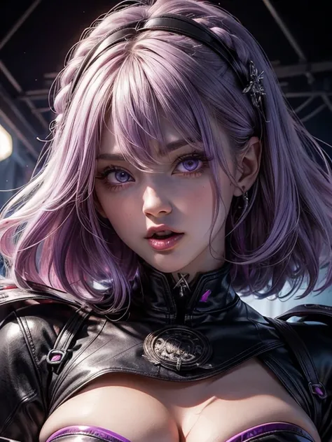 ultra detailed), ( full body ),( best quality ), (perfect anatomy)  a close up of a woman with her tongue sticking out, Purple-haired and white-skinned , your eyes are red, black clothes, gapmoe yandere,  Shikoku by Mato Seihei in Slave , Detailed face