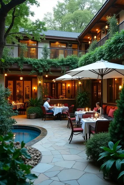 hotel patio with nature and with a place to eat with blue and gold colors