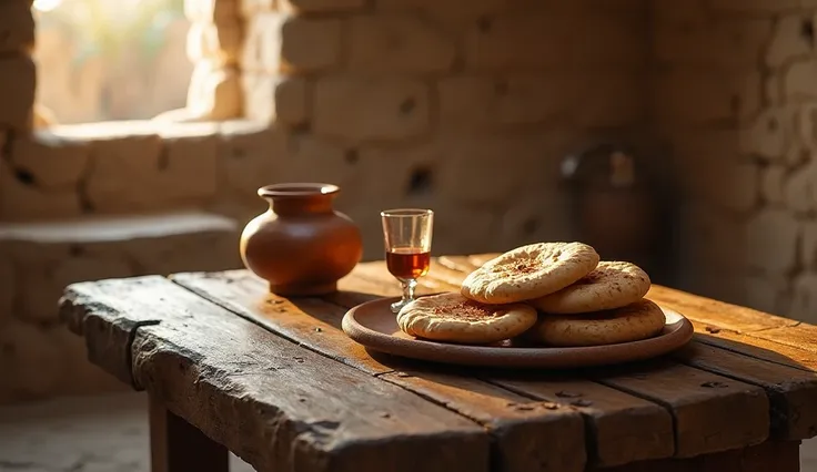 " A simple rustic table from the time of Jesus , made of wood,  placed in a stone or clay environment . on the table,  there are typical Middle Eastern flatbreads and a clay jar next to a wine glass.  The lighting is soft , with a warm touch of natural lig...