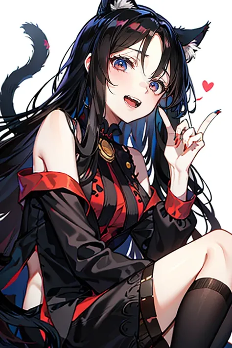 beautiful woman, long wavy black hair, brown eyes, cat ears and tail, fangs, demon horns