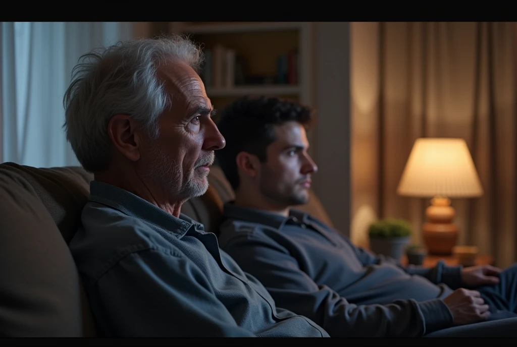 Fathers face are turned away from the tv screen, avoid from watching inappropriate show. Sitting on a sofa beside his adult son, he is on the left side. Camera close up. Realistic. Camera view are taken from the back of the father.