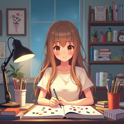 Julia, an anime artist girl with long light brown hair, zonza pills