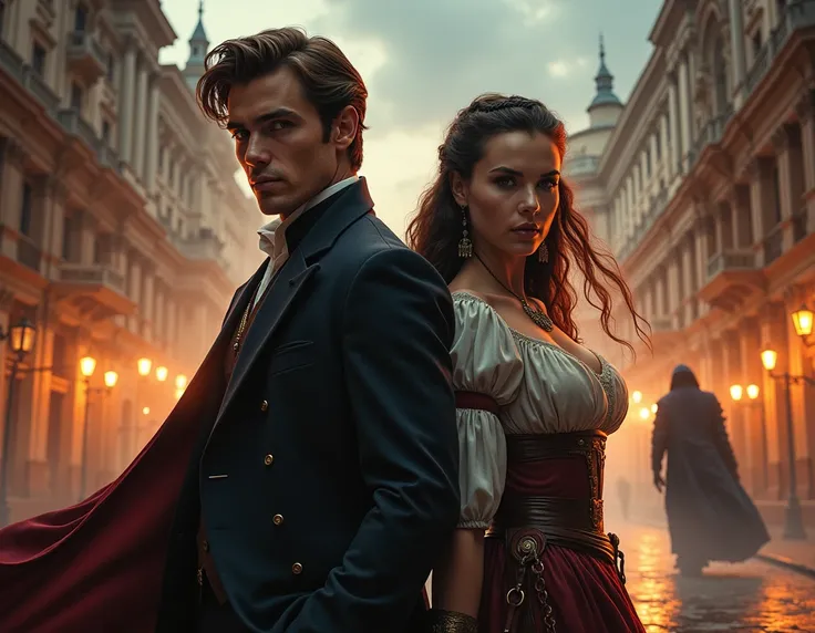  create an action movie poster based on Rome , Where a villain appears in shadows ,  the protagonists are a young man and a pretty maid from high society who try to save Rome