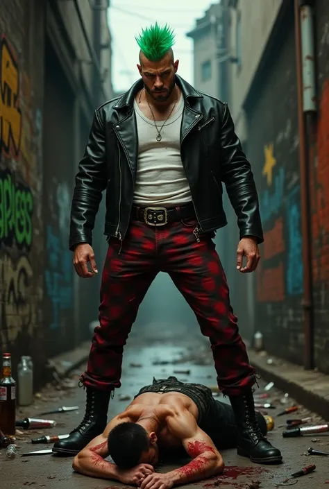 1 homem punk, aggressive style,  of green mohawk , black jacket, white t-shirt underneath,  shiny metal belt ,  tight frayed pants in the color red and black checkered boots on the feet,  white lace , Fat man, ugly, punk style,  stepping on the head of a s...