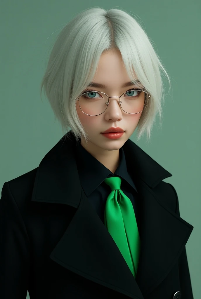  features a woman with a black coat and a green tie.,  Inspired Trace Radiation Dalai from Sim Sa-jeong , Tumblr, White Glasses  ,  High Detail Face 8k ,, the silver blonde avatar  , Short Hair
,  Precise Detailed Face ,  blue eyes 