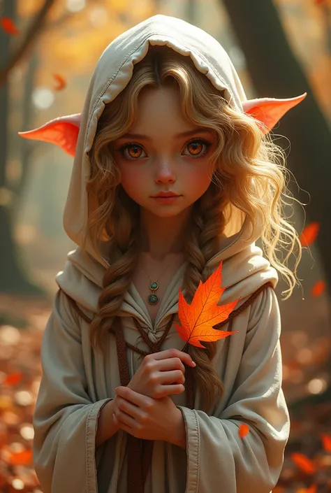 score_9, score_8_above, score_7_above, (masterpiece, Ultra HD, 8k, 16k, ultra detailed), sfw, aboveperbody shot, 1 , goblin, orange eyes,  hair braided on one side , curly golden hair ,  holding a red leaf ,  sexy white hooded dress, Intricate Details, (le...