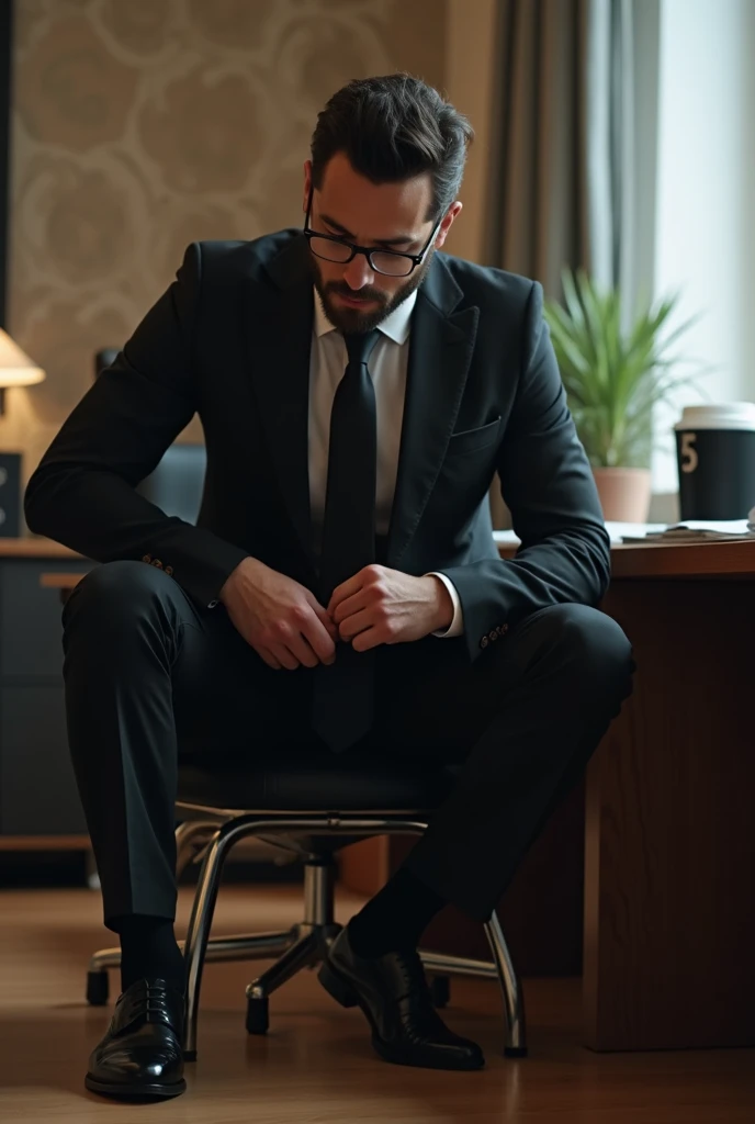  In the office，30 years old，Handsome Italian man with glasses， black suit 、 black tie 、Black socks，Black leather shoes，The mans crotch hurts a lot，The man bends down ，Grasp the crotch with both hands