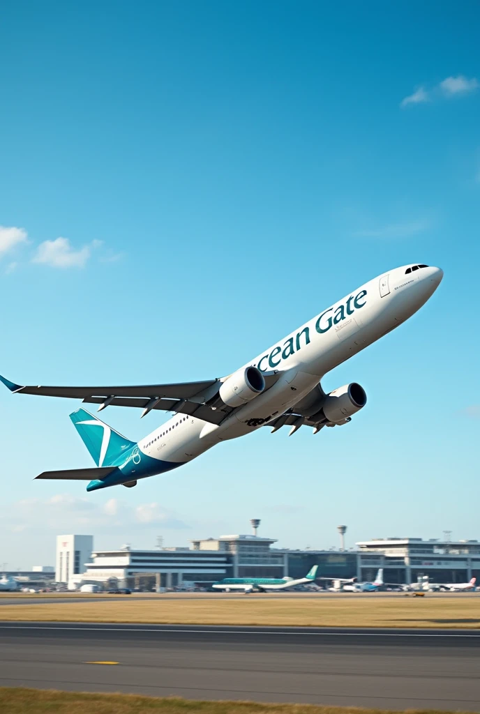 An airplane taking off from airport. On the airplane "Ocean Gate" is written with blue color  pics of one side 