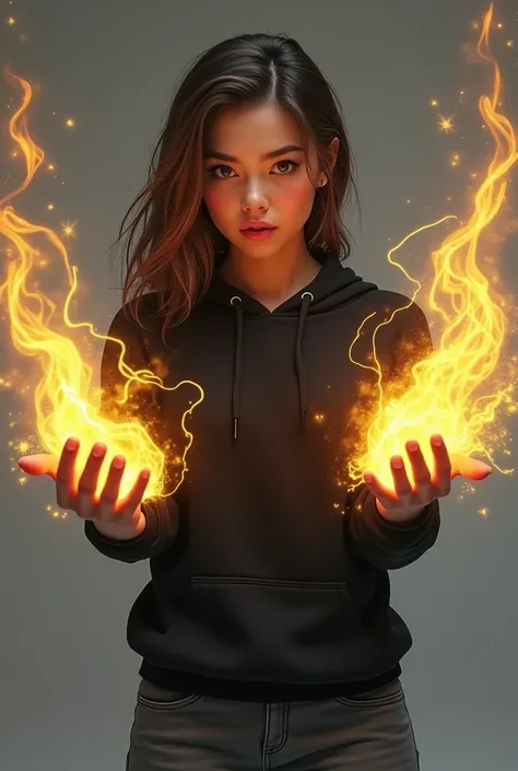 Make a white 19 year old girl with medium brown hair and very wide brown eyes and black hoodie 
and gray pants and gold with yellow chaos magic from her hands 