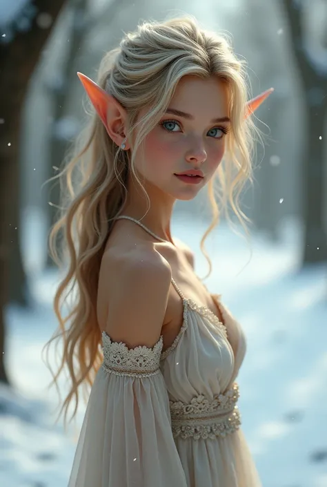  A young curly golden-haired elf girl with sexy eyes, wearing a low-cut dress in a snowy forest 