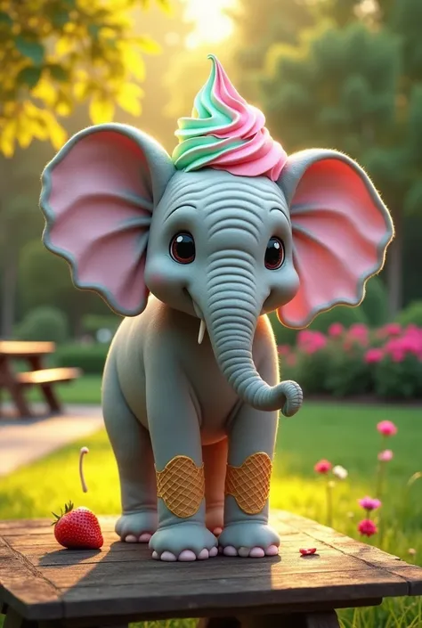 **Title**: *Elephant + Ice Cream Hybrid*

This playful digital art composition imagines a fantastical creature, blending the majestic elephant with the whimsical allure of ice cream. The creature’s head is an intricately detailed elephant, with lifelike fe...