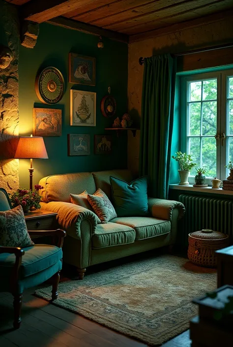 create a room for a person under the sign of Capricorn, based on the colors green, environment with Capricorn decoration elements, symbology, astrology, intimate light, dramatic light, dim light, aesthetics, magical and mysterious, romantic, capricorn symb...