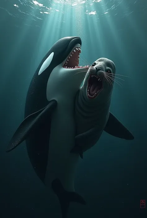 A hyperrealistic scene.A powerful ocra catch and kill featuring a curious bloodeid seal its mouth dark ocean .