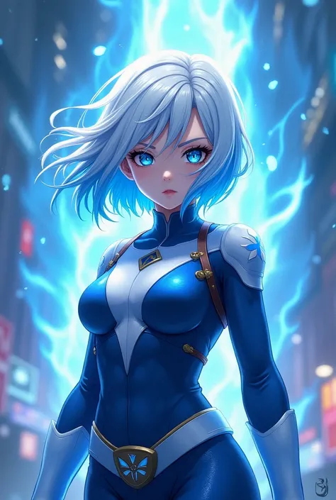  Female character from Boku no Héro Academia,   white hair with blue at the tips ,  blue eyes , white eyelashes, Wearing a hero costume, radiating power of the color blue  