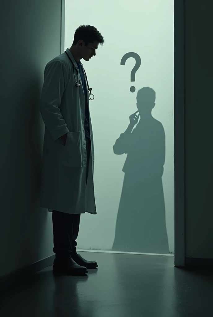 Shadow of a man in a lab coat and depressive stethoscope
With your arm resting on the mirror and on the reflection, you have a question 