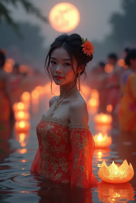 A beautiful Thai girl with a beautiful look, a lovely smile, wearing a beautiful Thai dress, a hand made of baitong, is on the water of Wanloi Krathong. Behind it is a bright moon and a lot of people come to Loi Krathong.