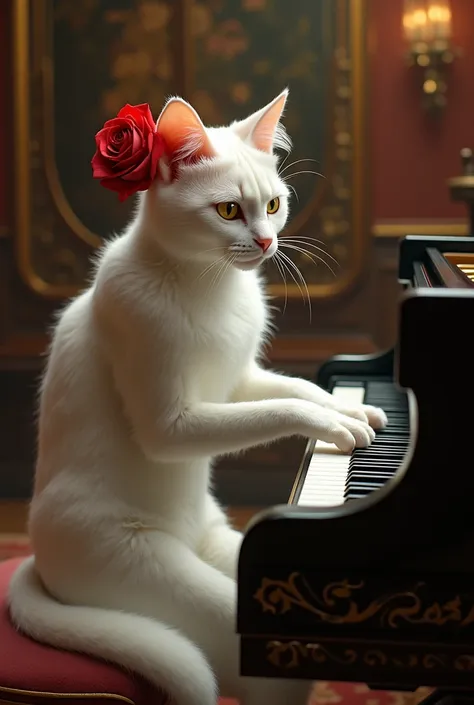 Beautiful humanize white female cat playing piano red rose in her hair
