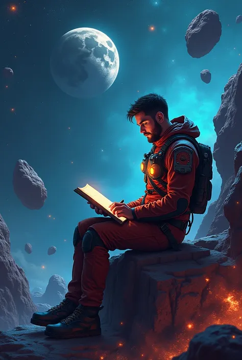 Draw a young programmer, sitting on a research platform floating in the middle of an asteroid belt. He is studying with a notebook, surrounded by several asteroids glowing with fiery auras. Dramatic lighting from distant stars and planets illuminates the s...