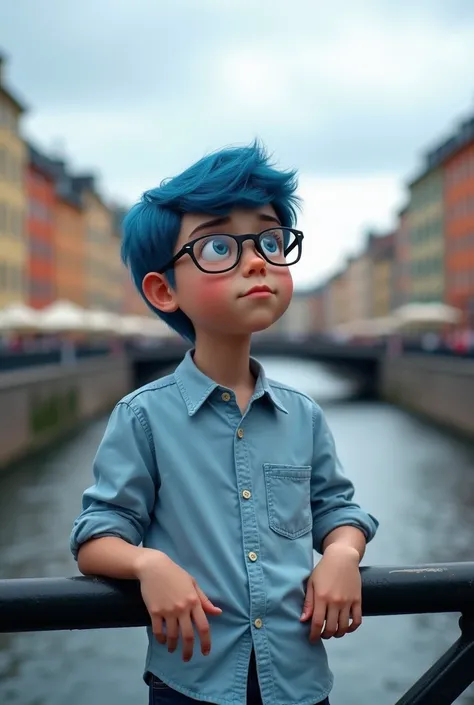 a blue-haired young boy with glasses and a shirt stands with his hands on a bridge in Stockholm and the background of the photo is blurred