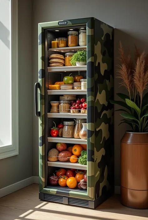 Furthermore,  there is a minibar hidden behind a camouflaged door ,  where she stores ready-to-eat food or ingredients that she uses to stay energized during her work or planning marathons.