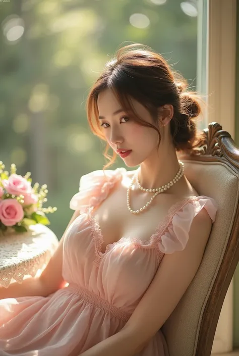 A delicate scene featuring a woman in a semi-sheer pink dress with layered pearls, vintage hairstyle, lounging gracefully on a vintage wrought iron chair. Her expression is soft and reflective, with golden sunlight highlighting her gentle features and tous...